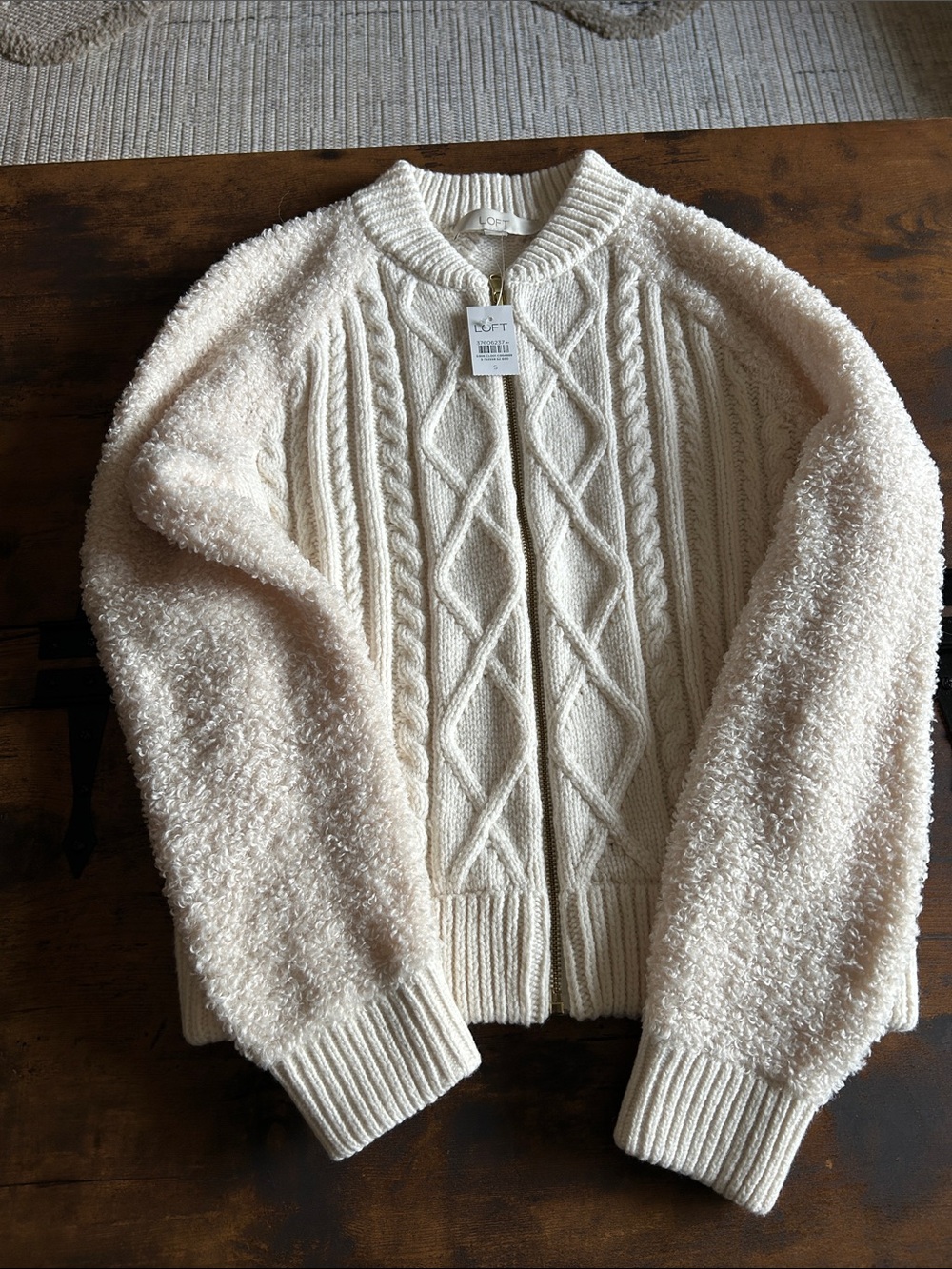 LOFT Cream Cable Knit Zip Cardigan with Textured Sleeves